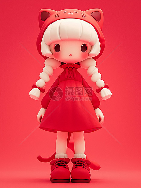 身穿连衣裙戴着红色猫耳朵帽子的可爱卡通小女孩图片