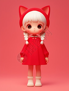 身穿红色连衣裙戴着红色猫耳朵帽子的可爱卡通小女孩图片