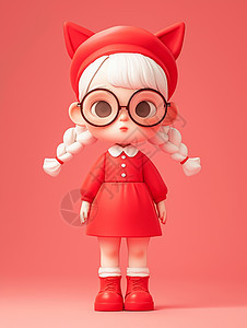 身穿红色连衣裙戴着红色猫耳朵帽子的可爱小女孩图片