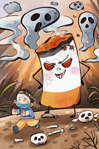 手绘世界无烟日之男孩逃离恶魔香烟的场景插画图片