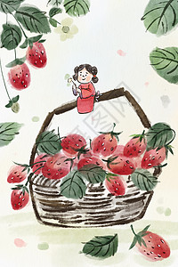 手绘水墨春季水果之草莓插画图片