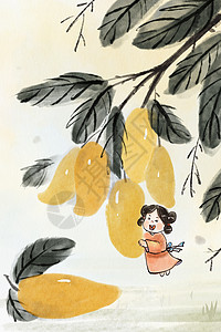 手绘水墨春季水果之芒果插画图片