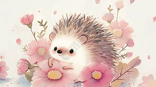 一只可爱的卡通小刺猬躲在粉色花丛中图片