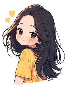 穿着黄色T恤黑色头发可爱的卡通女孩图片