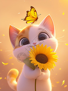 手拿向日葵的可爱卡通小猫背景图片
