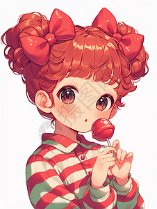 正在吃棒棒糖穿着红色条纹衫的卡通小女孩图片