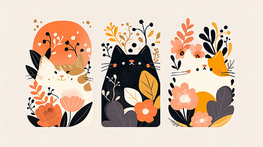 花丛中几只可爱的卡通小猫图片