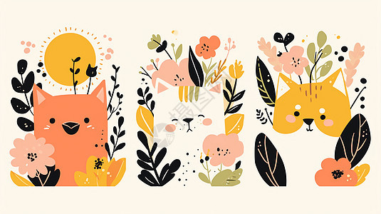 花丛中各种可爱的卡通小花猫装饰插画图片