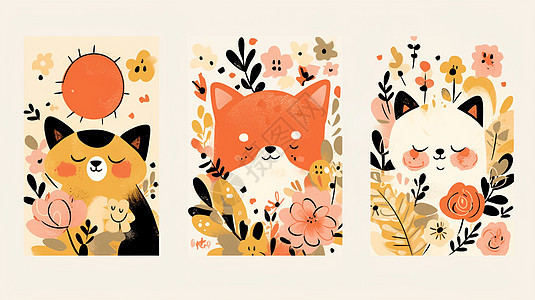 花丛中各种可爱的卡通小猫装饰插画图片
