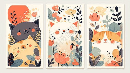 花丛中各种卡通小花猫装饰插画图片