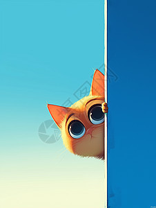 躲在蓝色墙后的卡通小橘猫图片