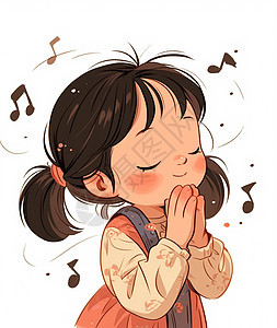 双手合十闭眼听音乐的卡通可爱小女孩图片