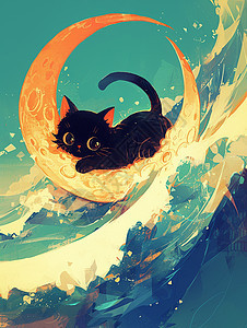 夜晚在月亮上一只可爱的小黑猫图片