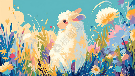 在草丛中可爱的卡通小羊图片