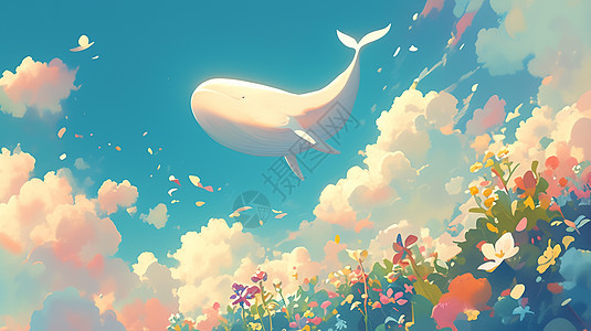 花丛上空中飞游的卡通大白鲸图片