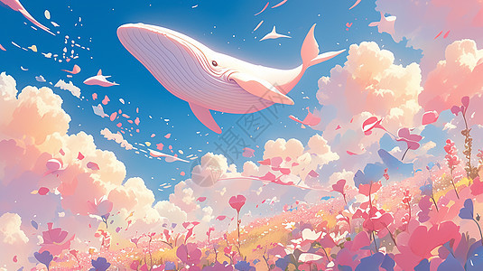 花丛上空中飞游的卡通白鲸图片