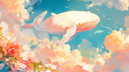 花丛上空中飞游的卡通大白鲸图片
