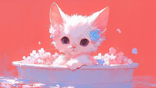 头上戴着小花的小白猫在泡澡图片