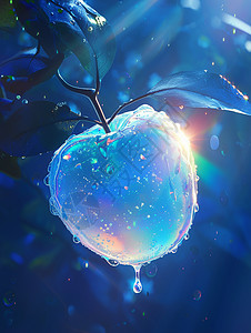 挂在树枝上炫彩透明的发光的卡通苹果图片