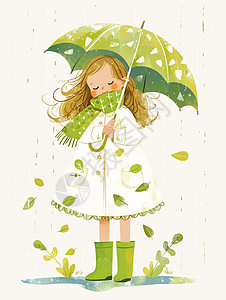 绿色雨伞站在雨中的可爱卡通小女孩图片