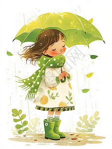 打着绿色雨伞站在可爱卡通小女孩图片