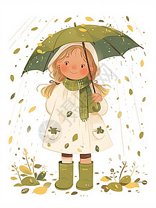 打着绿色雨伞站在雨中的可爱卡通女孩图片