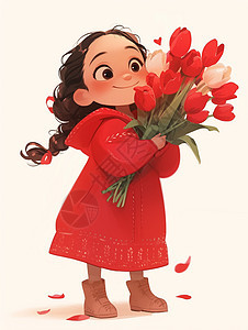 手捧着红色郁金香花束穿着红色连衣裙的卡通小女孩图片