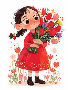 捧着红色郁金香花束穿着红色连衣裙的卡通女孩图片
