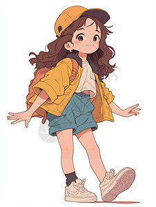 穿着黄色外套背着书包戴着帽子的时尚卡通女孩图片