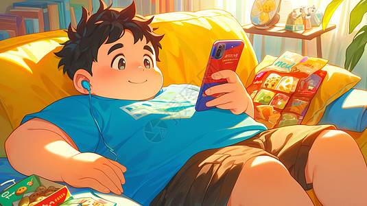 穿着蓝色T恤躺在沙发上看手机的卡通胖乎乎男孩图片
