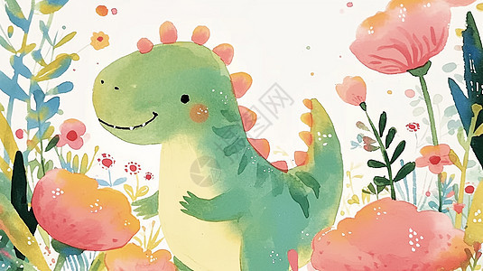 在花丛中的可爱卡通小恐龙图片