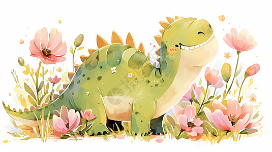 绿色可爱卡通小恐龙在花丛中图片