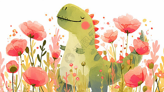 微笑的可爱卡通小恐龙在花丛中图片