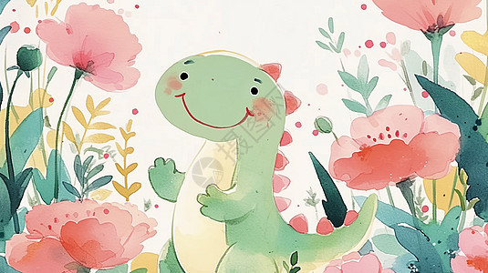 可爱卡通小恐龙在花丛中图片