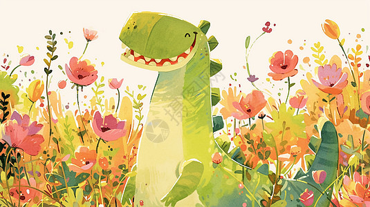 微笑的绿色卡通小恐龙在花丛中图片