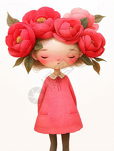 头上戴着红色花朵穿着红色连衣裙的小清新卡通女孩图片