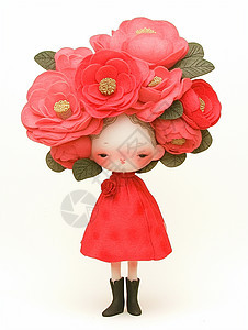 头上戴着红色花朵穿红色连衣裙的小清新卡通女孩图片
