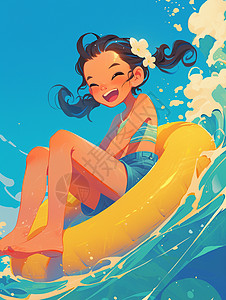 坐在黄色游泳圈上在大海上开心玩耍的卡通女孩图片
