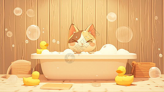 在浴室中开心泡澡的卡通猫图片