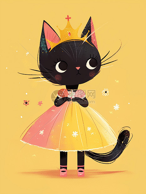 身穿蓬蓬裙头戴小皇冠的卡通小黑猫图片