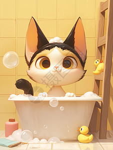 在浴盆中开心泡澡的卡通花猫图片