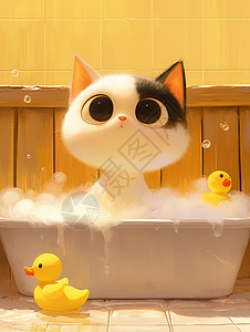 在浴盆中开心洗澡的卡通小花猫图片