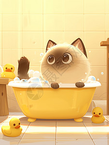 在浴盆中泡澡的卡通小花猫图片