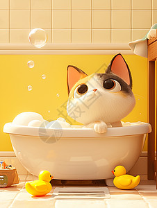 浴盆中泡澡的卡通花猫图片