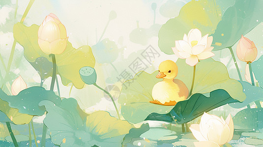 夏天盛开着荷花的荷塘中趴着一只可爱的卡通小鸭子图片
