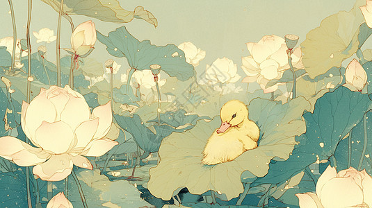 夏天盛开着荷花的荷塘中一只可爱的卡通小鸭子图片