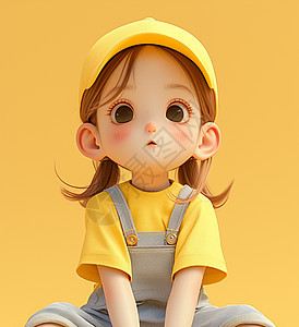 穿背带裤戴着黄色棒球帽的卡通小女孩图片