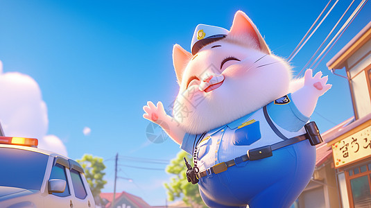 穿着蓝色警服的卡通肥胖大白猫图片