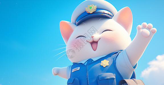 穿着蓝色警服的卡通大白猫图片