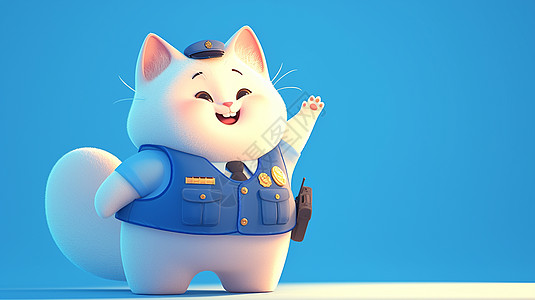 穿着蓝色警服的卡通胖嘟嘟大白猫图片